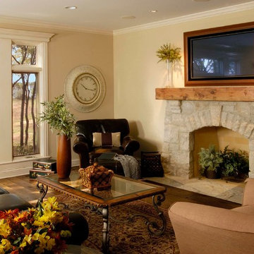 Flush Hearth Tapered Stone Surround Fireplace with Hand Hewn Timber Mantle