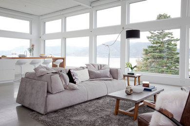 Foto di un grande soggiorno design aperto con pareti bianche, pavimento in cemento e nessuna TV