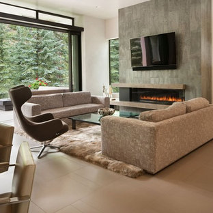Inspiration for a modern open concept brown floor family room remodel in Other with white walls, a ribbon fireplace, a tile fireplace and a wall-mounted tv
