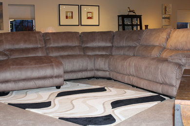 Example of a large classic carpeted and beige floor family room design in Orange County with white walls