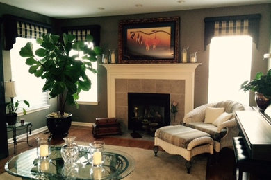 Example of a mid-sized classic dark wood floor family room design in Chicago with a music area, gray walls, a standard fireplace, a tile fireplace and no tv