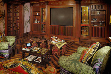 Ejemplo de sala de estar actual con moqueta y pared multimedia
