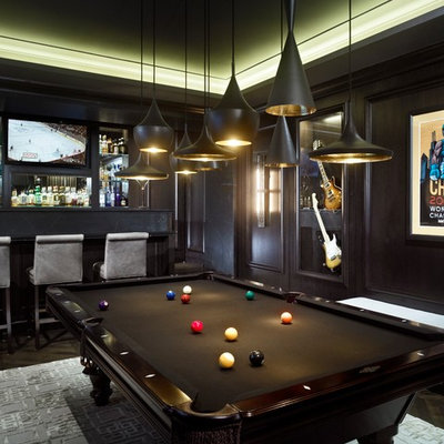 Example of a trendy family room design in Chicago with a bar, black walls and a wall-mounted tv
