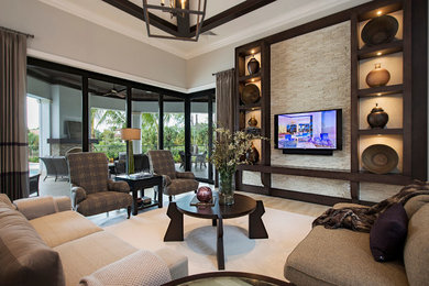 Example of a huge transitional open concept porcelain tile family room design in Miami with white walls, a stone fireplace and a media wall