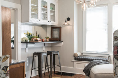 Photo of a small farmhouse open plan games room in St Louis with grey walls, medium hardwood flooring and no tv.