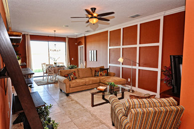This is an example of a medium sized classic open plan games room in Orlando with orange walls, ceramic flooring and no fireplace.