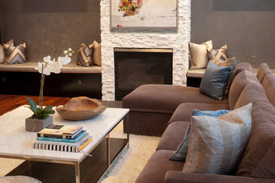 Mid-sized trendy open concept family room photo in Miami with a stone fireplace, a standard fireplace, no tv and gray walls