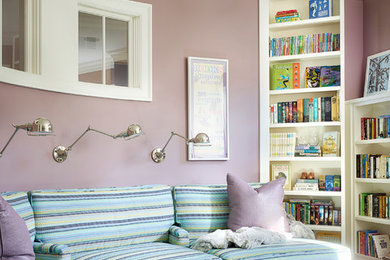 Family room library - huge transitional enclosed family room library idea in Chicago with purple walls and no fireplace
