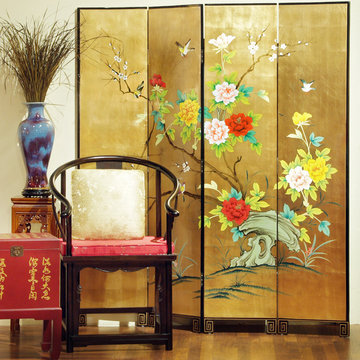 Gold Leaf Birds and Flowers Design Floor Screen
