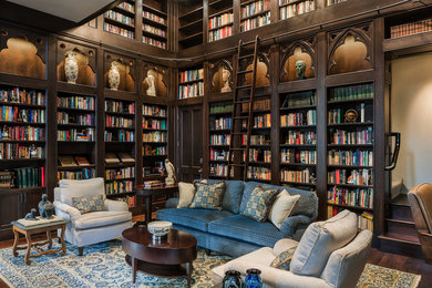 Large elegant dark wood floor and brown floor family room library photo in Philadelphia with brown walls