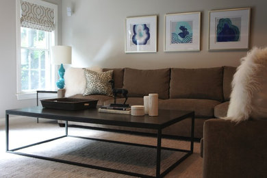 Example of a large transitional enclosed carpeted family room design in DC Metro with beige walls and a tv stand