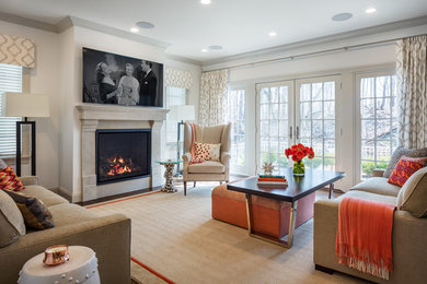 Example of a mid-sized transitional open concept dark wood floor and brown floor family room design in New York with a standard fireplace, a stone fireplace, a wall-mounted tv and white walls