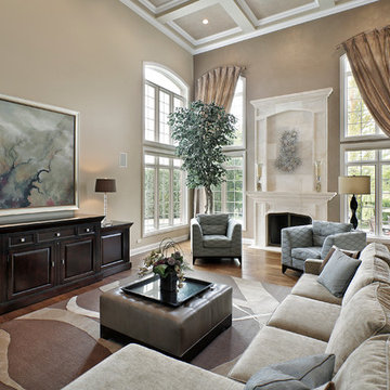 Great Room with Fireplace, Custom TV Cabinet, Graphic Rug and Leather Ottoman