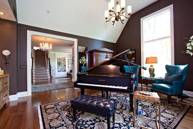 Mid-sized elegant enclosed dark wood floor family room photo in Cleveland with a music area, brown walls, no fireplace and no tv