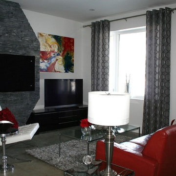 Grey/ White/ Red Contemporary Family Room