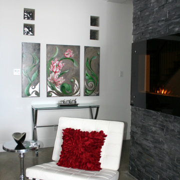 Grey / White/ Red Contemporary Family Room