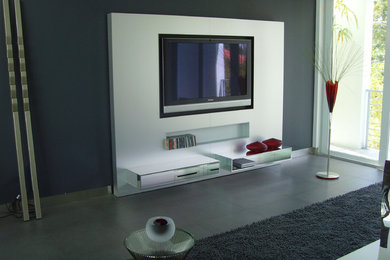 Imagen de sala de estar abierta actual de tamaño medio sin chimenea con paredes grises, suelo de pizarra, pared multimedia y suelo gris