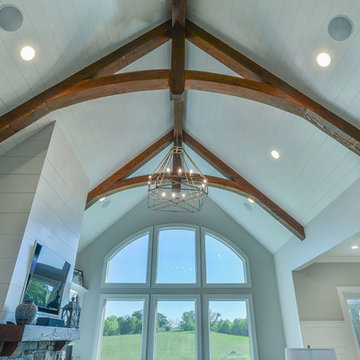 High ceiling with exposed wood beams