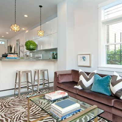 Small trendy open concept carpeted family room photo in Bridgeport with white walls, no fireplace and a tv stand