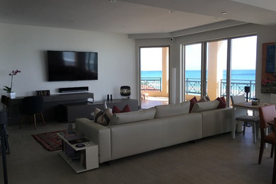 Diseño de sala de estar cerrada costera de tamaño medio sin chimenea con paredes blancas, suelo de madera clara y televisor colgado en la pared