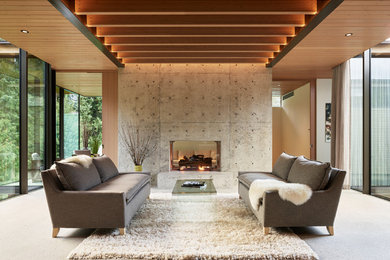 Cette photo montre un salon moderne ouvert avec un mur gris, une cheminée double-face et un manteau de cheminée en béton.