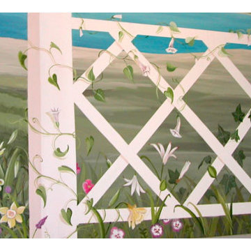 Housefox Design - Beach mural with white fence and wild flowers.