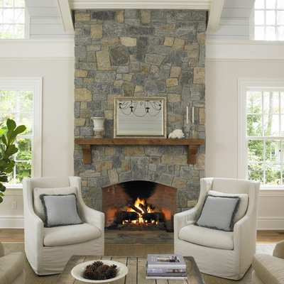 Inspiration for a timeless family room remodel in New York with white walls
