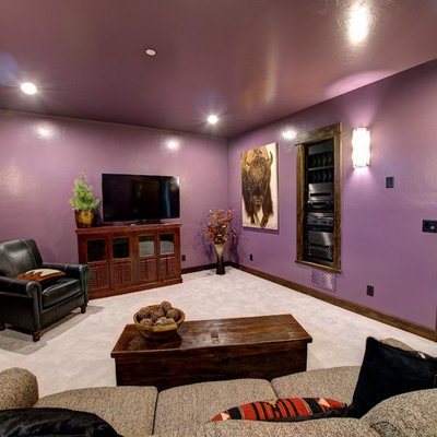 Mid-sized mountain style enclosed carpeted family room photo in Other with a music area, purple walls, a tv stand and no fireplace