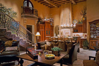 Inspiration for a large mediterranean open plan games room in Other with brown walls.