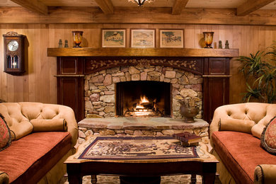 Family room - traditional family room idea in San Diego with a standard fireplace, a stone fireplace and no tv