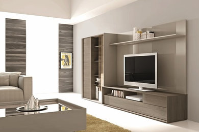 Ejemplo de sala de estar abierta minimalista grande con paredes grises y pared multimedia