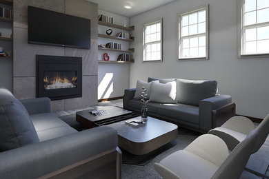 Ejemplo de sala de estar actual con paredes grises y marco de chimenea de metal