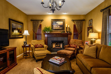 Family room - large traditional enclosed carpeted family room idea in Chicago with brown walls, a standard fireplace, a wood fireplace surround and a tv stand