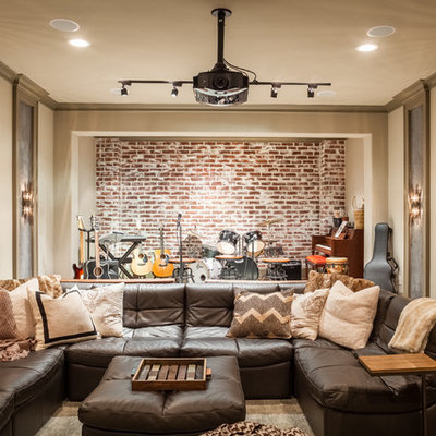 Family room - rustic enclosed family room idea in Houston with a music area and beige walls