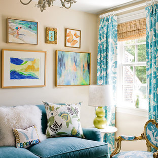 Example of a transitional family room design in Boston with beige walls