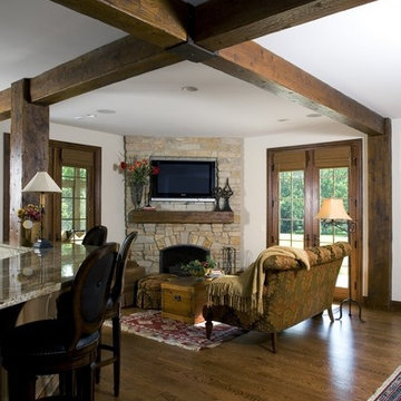 Keeping Room with Distressed Beams, Cherry Doors and Trim and Stone Fireplace