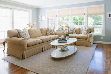 Foto de sala de estar abierta clásica renovada de tamaño medio con paredes azules, suelo de madera en tonos medios y alfombra