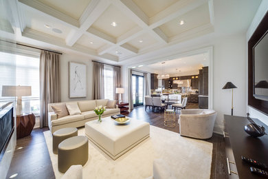 Ejemplo de sala de estar clásica renovada con paredes blancas, suelo de madera oscura y marco de chimenea de piedra