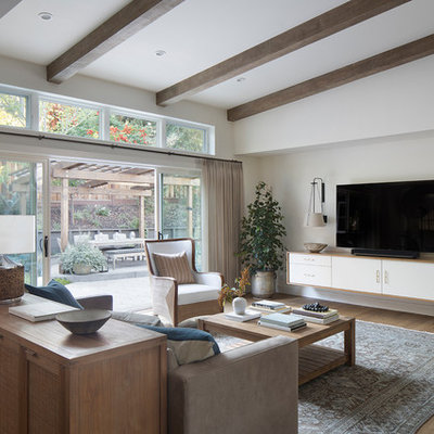 Inspiration for a mid-sized transitional open concept brown floor and medium tone wood floor family room remodel in San Francisco with white walls, no fireplace and a wall-mounted tv