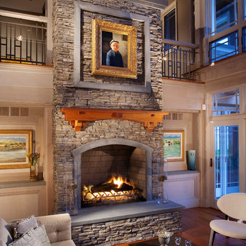 Large Stacked Stone Fireplace with Wood Mantle and Stone Hearth