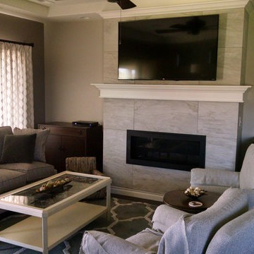 Large tile fireplace with mantel
