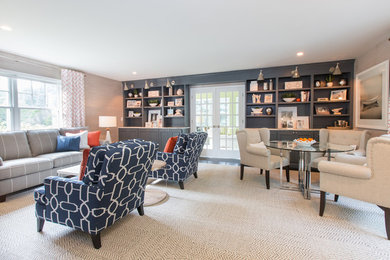 Inspiration for a mid-sized transitional enclosed dark wood floor family room library remodel in Omaha with gray walls, no fireplace and a tv stand