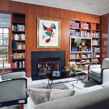 Library With Fireside TV And Bookshelf Speakers