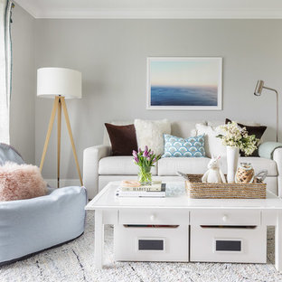 Inspiration for a small transitional loft-style family room in Sacramento with grey walls, carpet and white floor.