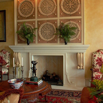 Limestone Fireplace with Custom Over mantle