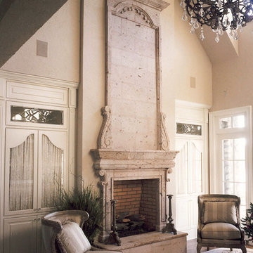 Limestone Fireplace with Tall Over Mantle