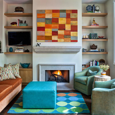 Example of a trendy open concept family room design in Chicago with beige walls, a standard fireplace, a stone fireplace and a wall-mounted tv