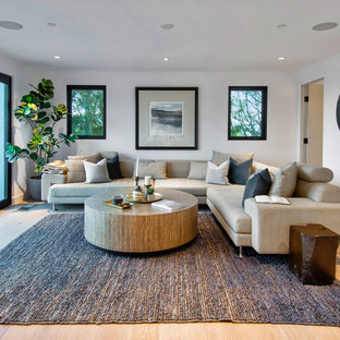 Inspiration for a contemporary medium tone wood floor and brown floor family room remodel in Los Angeles with white walls