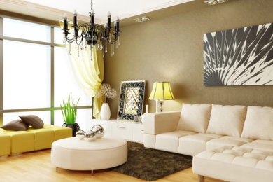 Imagen de sala de estar cerrada contemporánea de tamaño medio sin chimenea con paredes marrones y suelo de madera clara