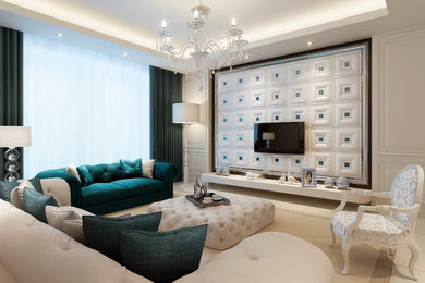 Aménagement d'une salle de séjour contemporaine avec un mur blanc et un téléviseur fixé au mur.